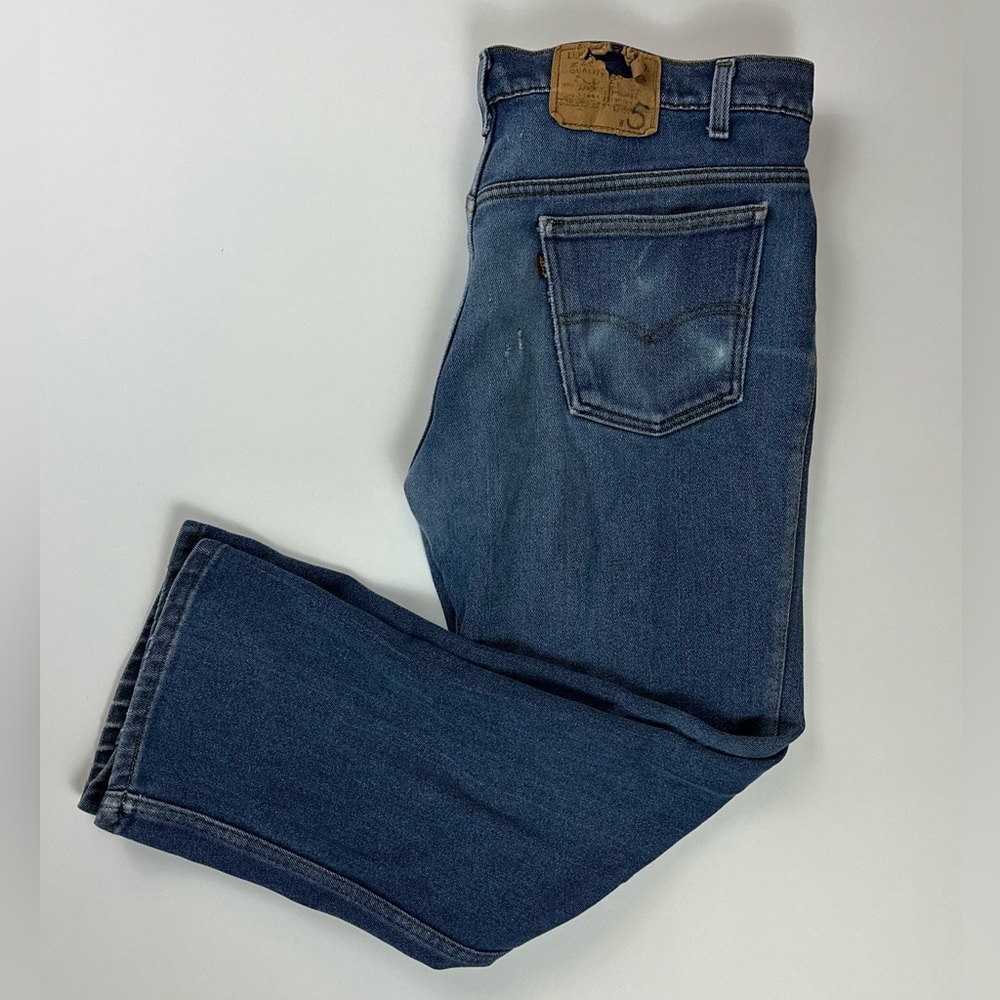Vintage 70s Mens Levi 515 Maroon Tab Light Wash Boot Cut Flared Jeans 36x28